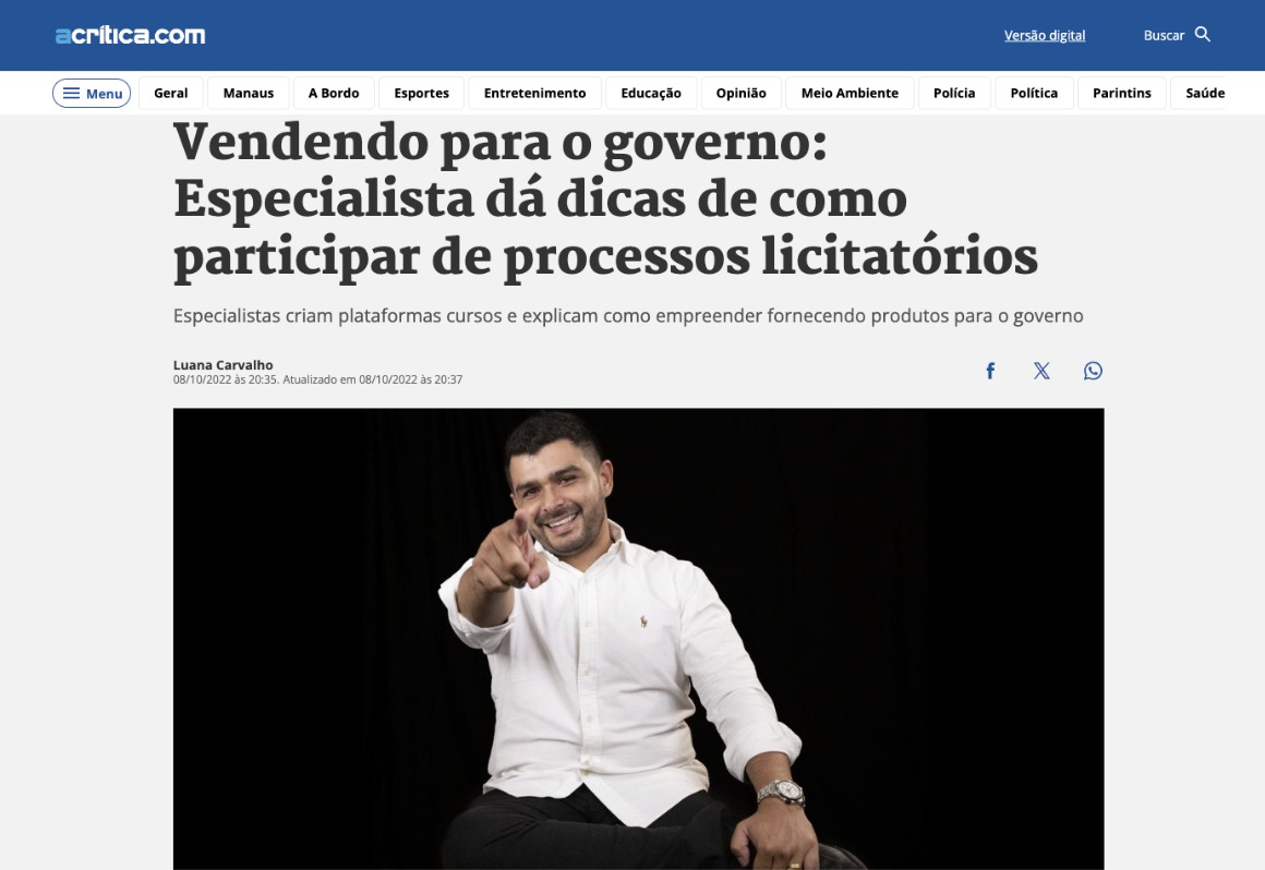 Matéria de jornal sobre como vender para o governo com especialista da B2G